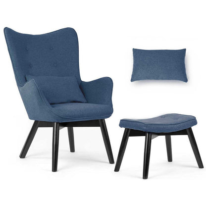 Fauteuil – Armstoel – Relaxstoel – Zetel – Sessel – Blauw Stof – Beukenhouten Poten – Inclusief Voetenbank