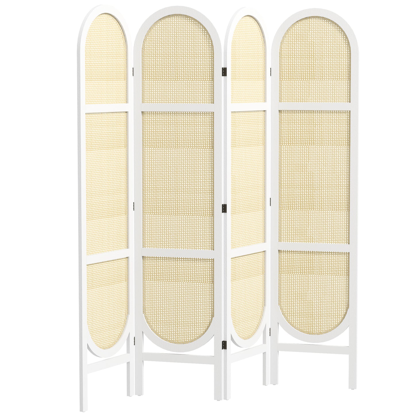 Kamerscherm – Room Divider – Scheidingswand – Vouwscherm – Privacy Scherm – Wit – 4 Panelen – Lichtgewicht Paulownia Hout & Kunstrotan