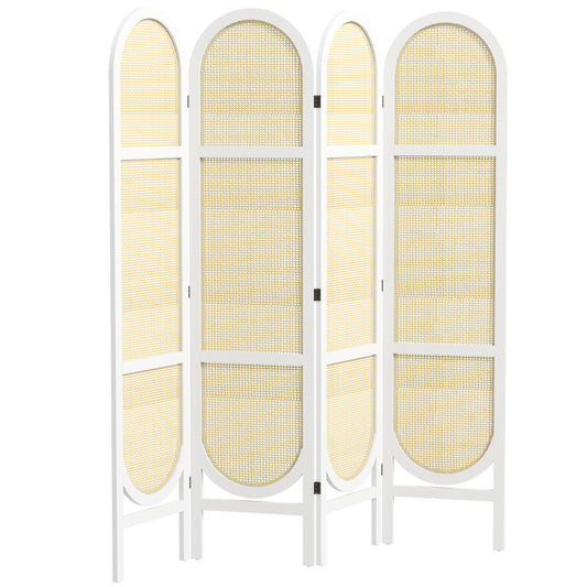 Kamerscherm – Room Divider – Scheidingswand – Vouwscherm – Privacy Scherm – Wit – 4 Panelen – Lichtgewicht Paulownia Hout & Kunstrotan