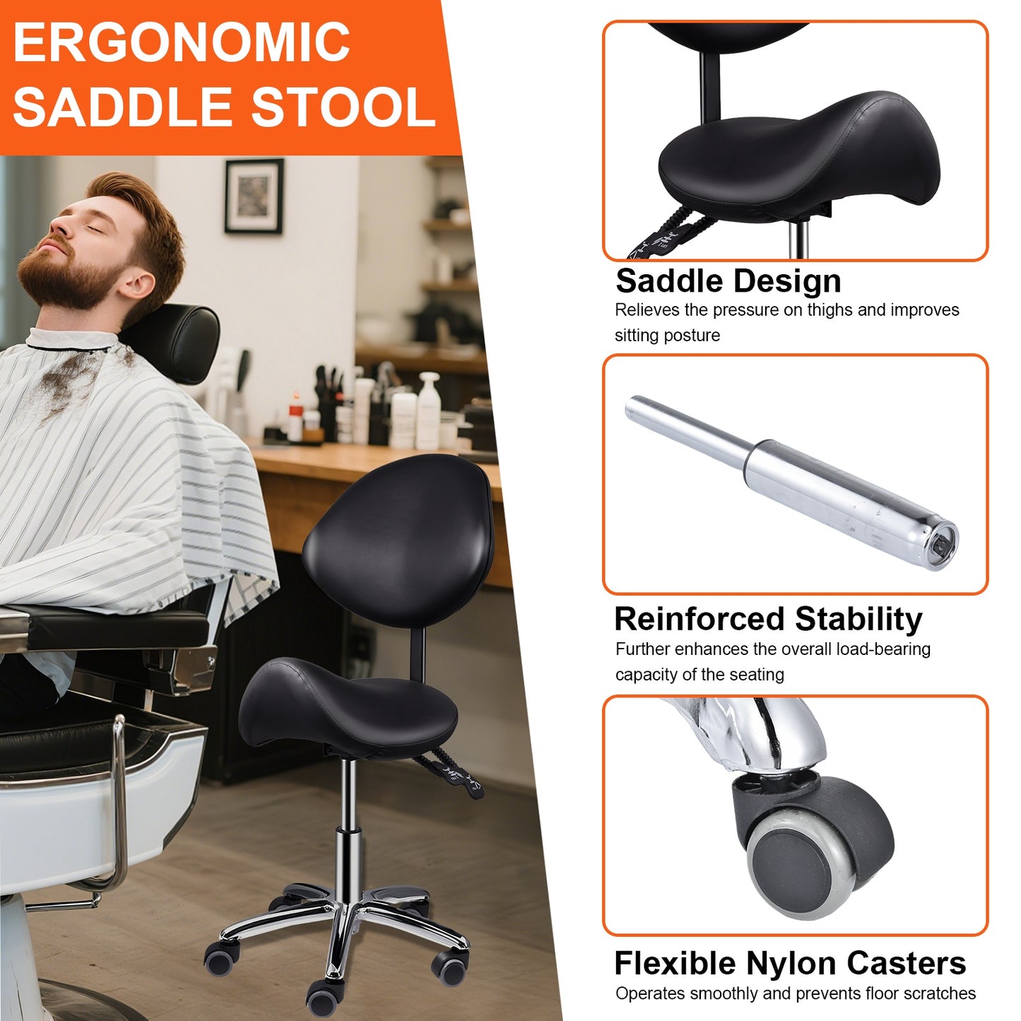 Werkkruk Zadelkruk Kruk Met Wieltjes Salonkruk Verstelbare Zadelstoel – Ergonomisch Zadelontwerp – Verstelbare Hoogte 52-68 cm – Stevige Zwenkwieltjes – Zwart/Wit