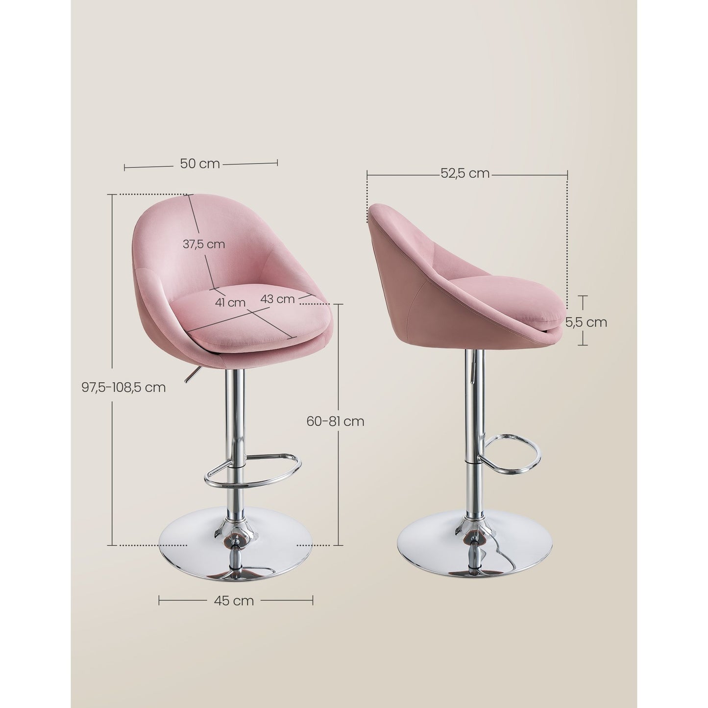 Barkrukken – Barstoelen – Keukenkrukken – Barkruk – Stoelen – Verstelbare Zithoogte 60-81 cm – 360° Draaibaar – Fluweelstof Pastelroze