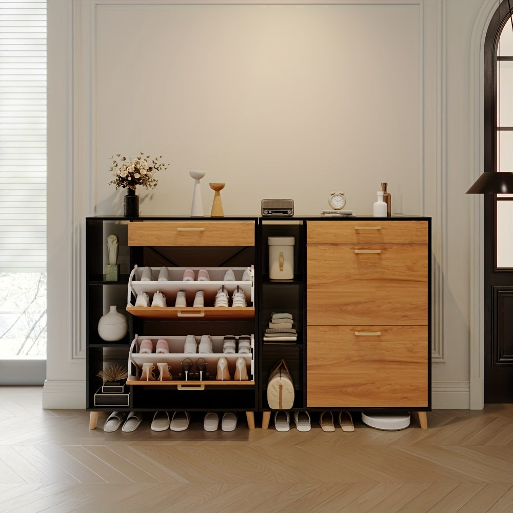 Schoenenkast – Schoenenrek – Schoenopberger – Halmeubel – Opbergkast – Smal Design – Zwart Hardhout – Uittrekbare Lade – Voor Circa 12-15 Paar Schoenen
