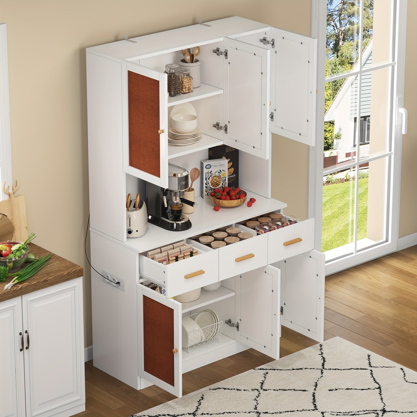 Keukenkast – Keukenopberger – Keukenmeubel – Opbergkast – Buffetkast – Vrijstaand – 182 cm Hoog – Wit Met Houten Handgrepen