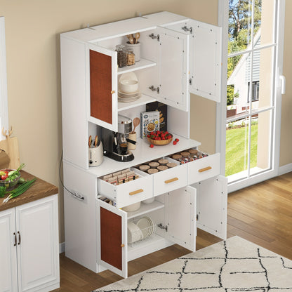 Keukenkast – Keukenopberger – Keukenmeubel – Opbergkast – Buffetkast – Vrijstaand – 182 cm Hoog – Wit Met Houten Handgrepen