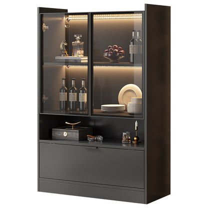 Zijboard – Dressoir – Opbergkast – Vitrinekast – Kast – Mat Zwart – 120 cm Hoogte – Glazen Deuren & Klapdeuren