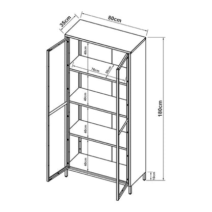 Vitrinekast – Vitrinekasten – Opbergkast – Displaykast – Glasdeurkast – Zwart – Staal – 180x80x35 cm – 4 Legplanken – Geribd Glas