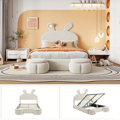 Beige Velvet Opbergbed – Bed Frame Met Opbergruimte – Tweepersoonsbed – Slaapbank – Bed Met Hoofdbord – 140x200 cm – Met Warm Verstelbaar Licht – Inclusief 2 Krukken