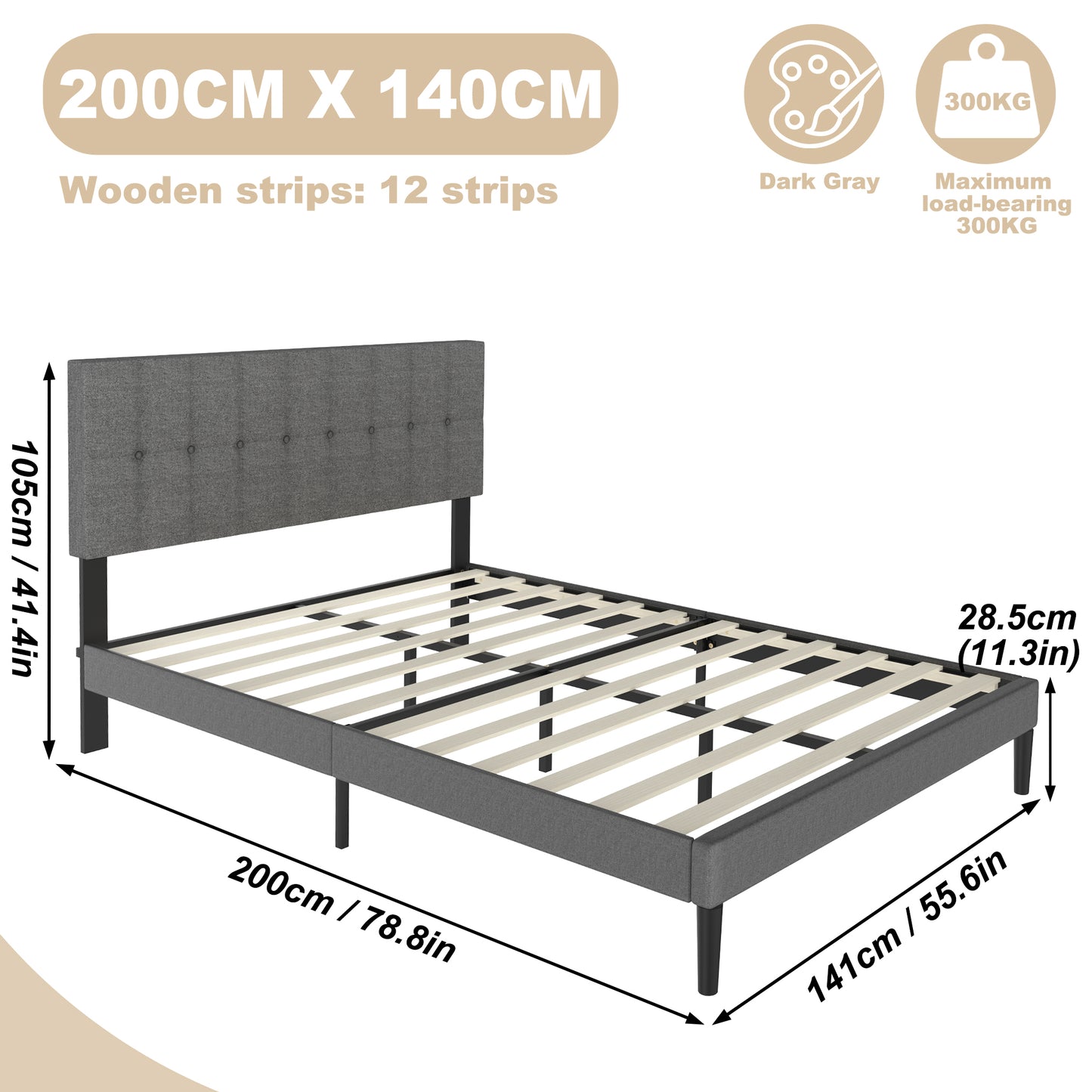 Bedframe – Gestoffeerd Bed – Ledikant – Slaapkamerbed – Lattenbodem – Donkergrijs – Linnen Hoofdbord – Stevig 140x200 cm – Draagkracht 300 kg