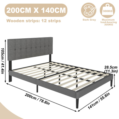 Bedframe – Gestoffeerd Bed – Ledikant – Slaapkamerbed – Lattenbodem – Donkergrijs – Linnen Hoofdbord – Stevig 140x200 cm – Draagkracht 300 kg