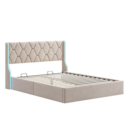 Opbergbed Tweepersoons – Stalen Bedframe – Fluwelen Bed – Opbergkast Bed – Led Verlichting Bed – 140x190 cm – USB Oplaadpoorten – Gasdrukveer Opbergruimte