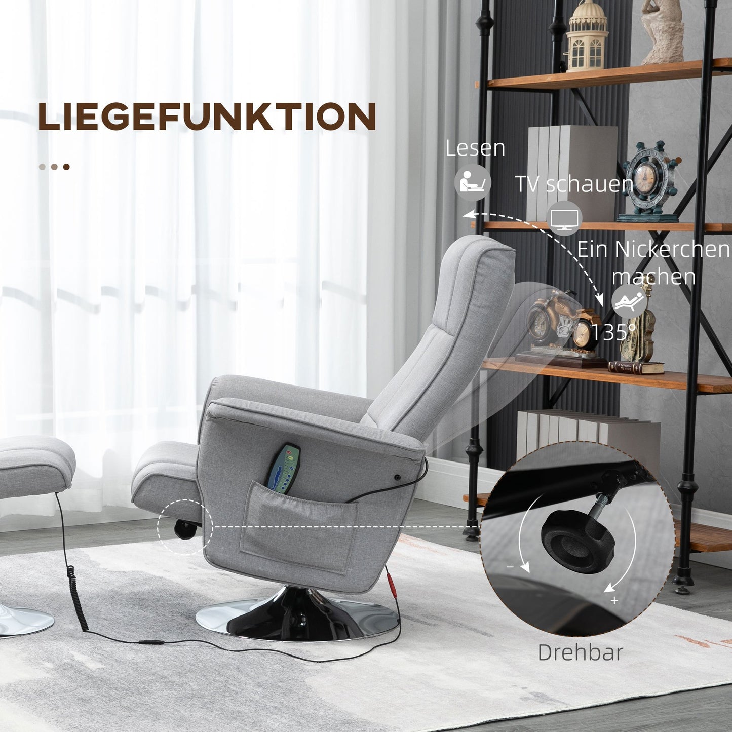 Massagestoel – Relaxstoel – Ontspanningsstoel – Massagefauteuil – Stoel Met Voetenkruk – Verstelbare Rugleuning – Compacte Afmetingen 78x95x88 cm – Lichtgrijs