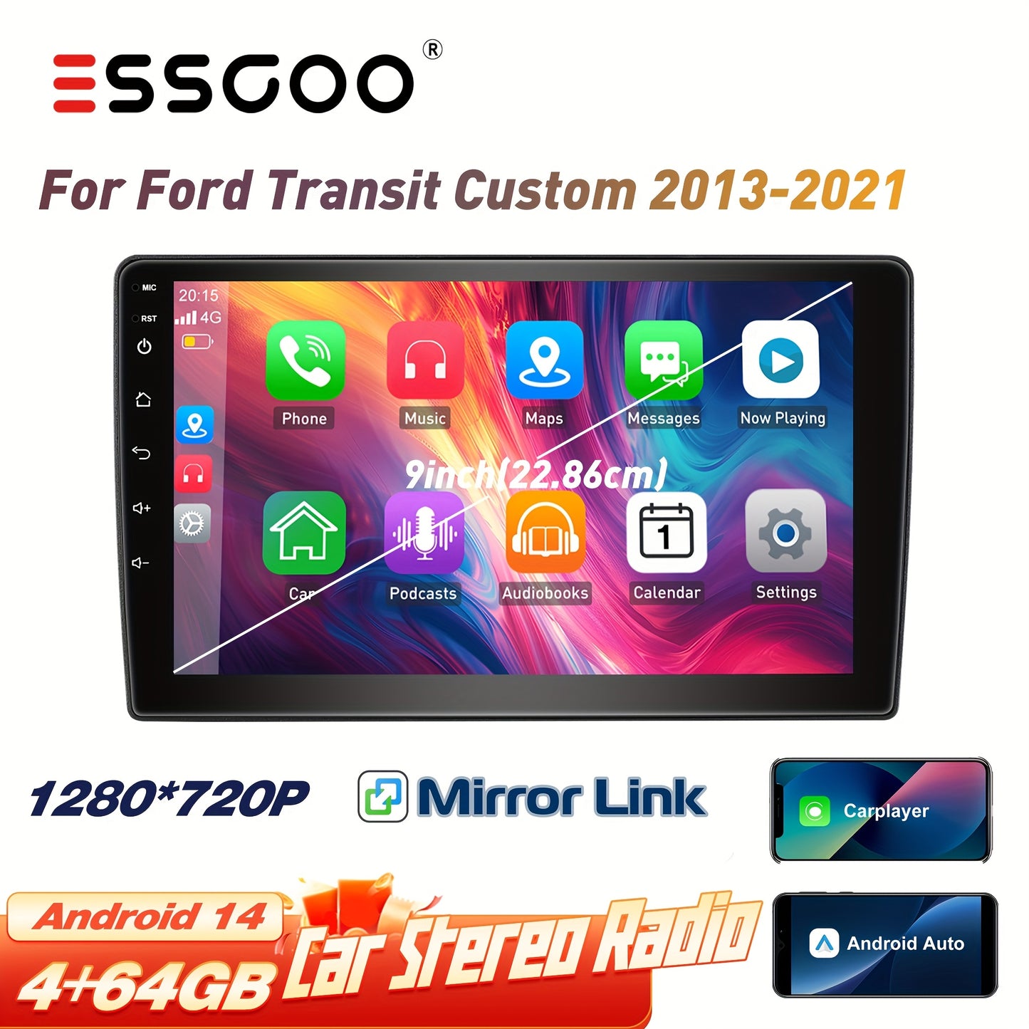 9 Inch Android 14 Autosysteem – Multimediaspeler – Autoradio – Navigatiesysteem – Touchscreen – 4G Verbinding – 64GB Opslag – Voor Ford Transit 2013-2021