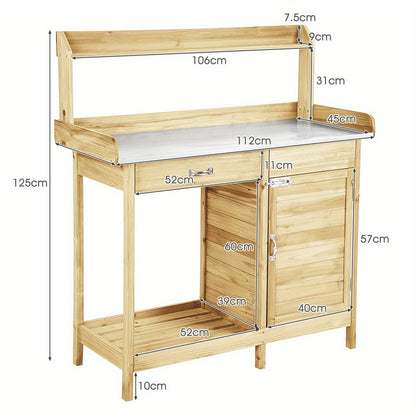 Tuinwerkbank – Oppottafel – Plantentafel – Werktafel – Tuinwerktafel – Vurenhout Met Gegalvaniseerd Metalen Werkblad – Waterbestendig En Met Opberglades
