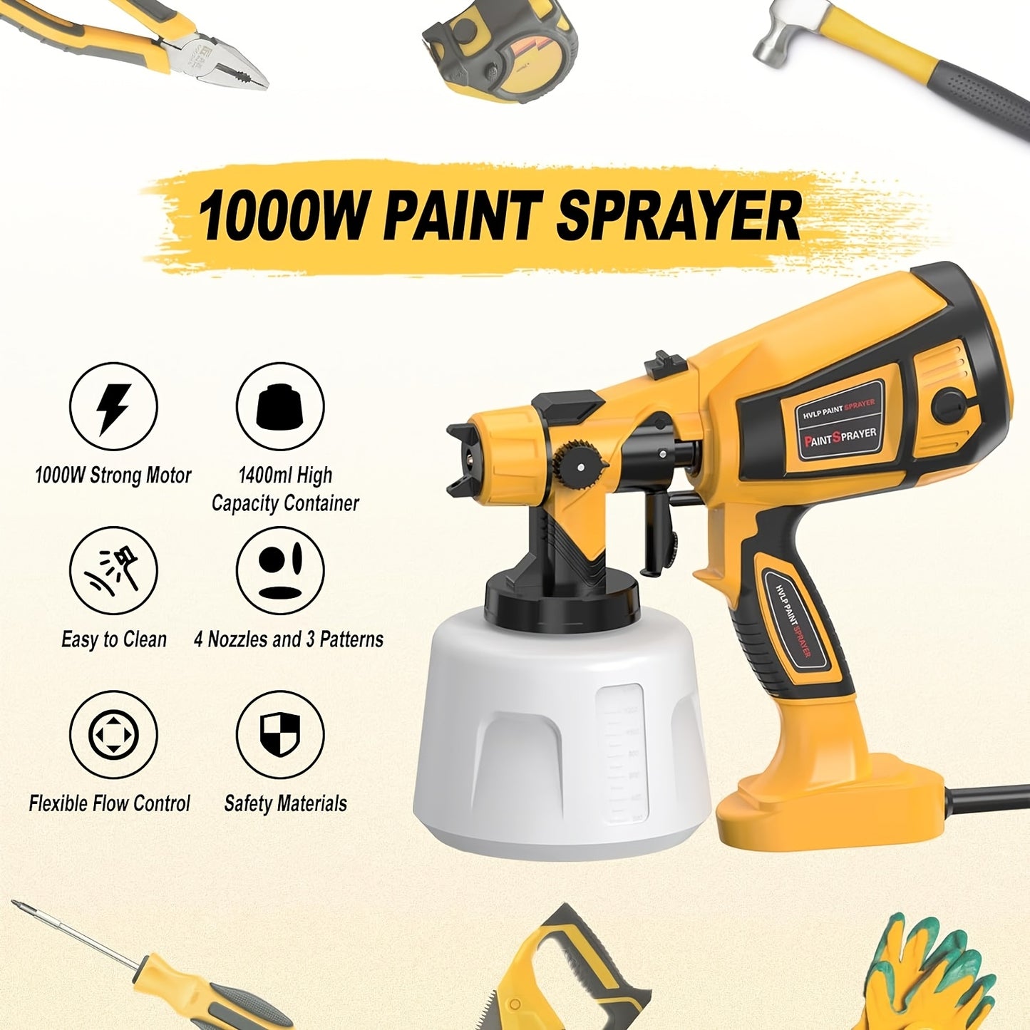 1000W 1400ml Electric Spray Gun High Power HVLP Paint Sprayer Auto Furniture Steel Coating Airbrush for Home DIY with 4 Nozzles