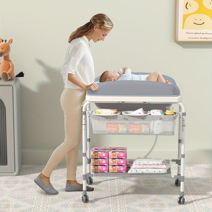 Babycommode Grijs – Verschoontafel – Waskom – Mobiele Commode – 2-in-1 Babymeubel – Inklapbaar Badje – 4 Zwenkwielen – Max Belastbaarheid 50 kg