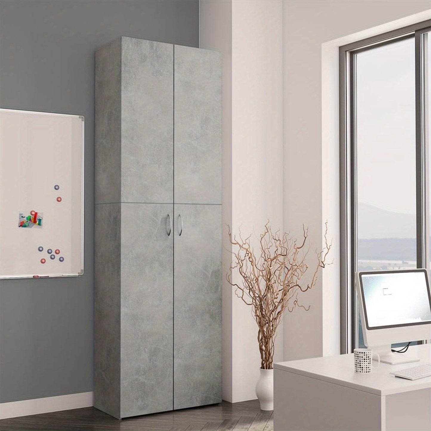 Kantoorkast – Opbergkast – Vitrinekast – Dressoir – Boekenkast – Hoekplanken – Beton Grijs – 60x32x190 cm – Gemaakt van Spaanplaat