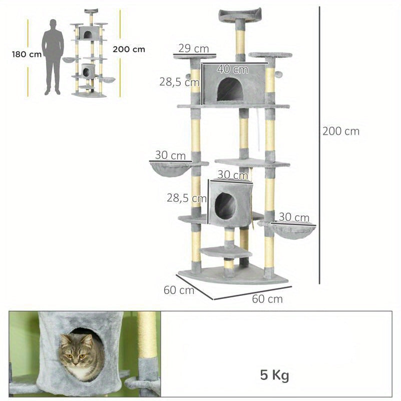 Krabpaal – Kattenboom – Kattenmeubel – Krabmeubel – Kattenhuis – XXL 200 cm Hoog – Imitatie Henneptouw – Geschikt Voor Meerdere Katten