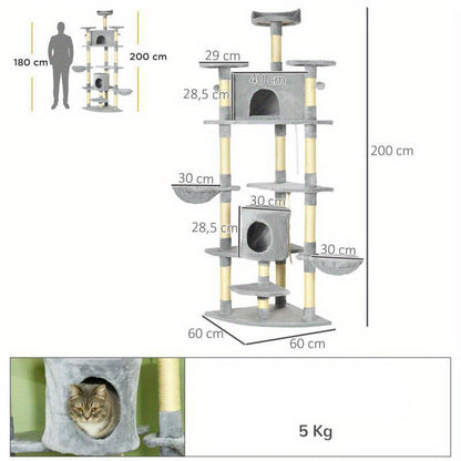 Krabpaal – Kattenboom – Kattenmeubel – Krabmeubel – Kattenhuis – XXL 200 cm Hoog – Imitatie Henneptouw – Geschikt Voor Meerdere Katten