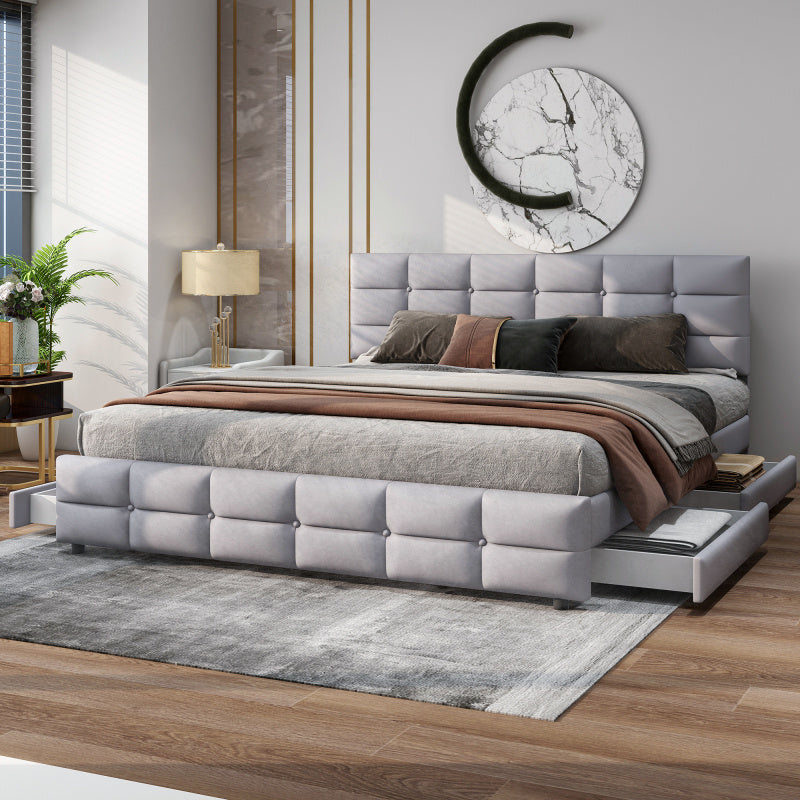 Tweepersoonsbed – Bed met opberglades – Platformbed – Slaapbank – Met opbergruimte – Grijs linnen – 4 royale lades – Stevig metalen frame – 140x200 cm – Geen montage nodig