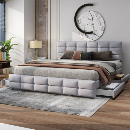 Tweepersoonsbed – Bed met opberglades – Platformbed – Slaapbank – Met opbergruimte – Grijs linnen – 4 royale lades – Stevig metalen frame – 140x200 cm – Geen montage nodig