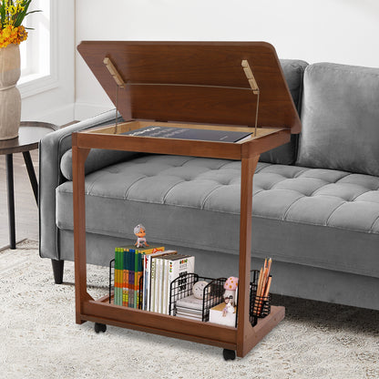 TOOL1SHOOO Multi-functional C-shaped Side Table, Featuring a 0-40° Adjustable Tilt Tabletop, Castors with Locking Wheels for Mobility, and a Double-tier Storage Shelf. Suitable for Living Rooms, Bedrooms, Offices, and Home U