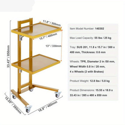 Mobiele Trolley – Labwagen – Werkwagen – Servicekar – Transportkar – Roestvrij Staal Heavy-Duty – Gouden Afwerking – Twee Etages – Geruisloze Wielen