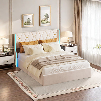 Gestoffeerd Bed – Tweepersoonsbed – Led Bed – Opbergbed – Velvet Bed – 160x200 cm – Inclusief Opbergruimte en Led Verlichting