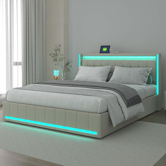 YCZ Bed Frame with Storage Space, Double Headboard Upholstered Bed with LED and USB, Storage Bed with 4 Drawers and Mattress, for Adults, BCDE