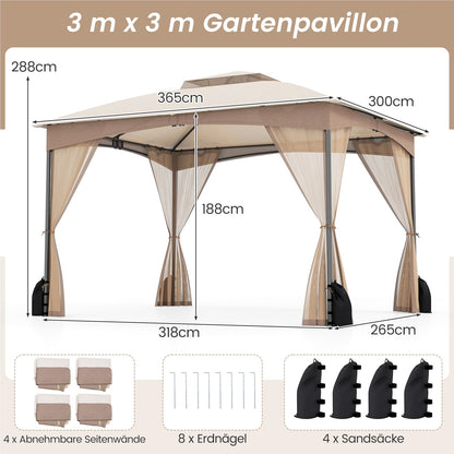 Paviljoen – Tuinpaviljoen – Partytent – Overkapping – Tuintent – 3 x 3,6 meter – Waterdicht en Winterbestendig – Inclusief 4 Muggenhorren en Zandzakken – Dubbel Dak – Khaki