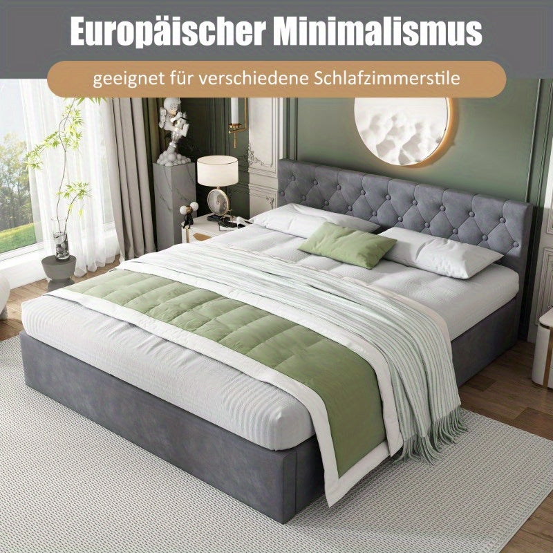 Bedframe – Tweepersoonsbed – Gestoffeerd Bed – Slaapbank – Opbergbed – Fluweel Grijs – 140x200 cm – Hydraulische Opbergruimte