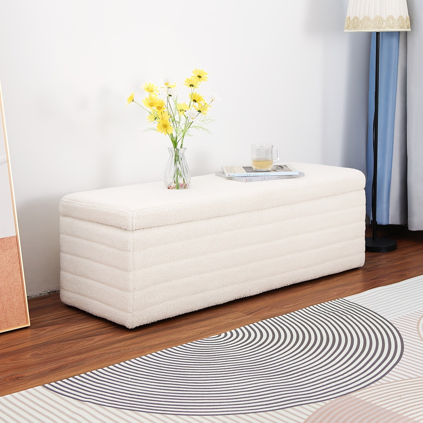Stool with Storage Space, Modern Bench Bedroom Storage Box Teddy Fabric Footstool Chest 118cm, Beige, Spacesaving Stool, Home Organization, Minimalist Bench, Contemporary Footstool, Cozy Material, Soft Upholstery, Fabric Foot