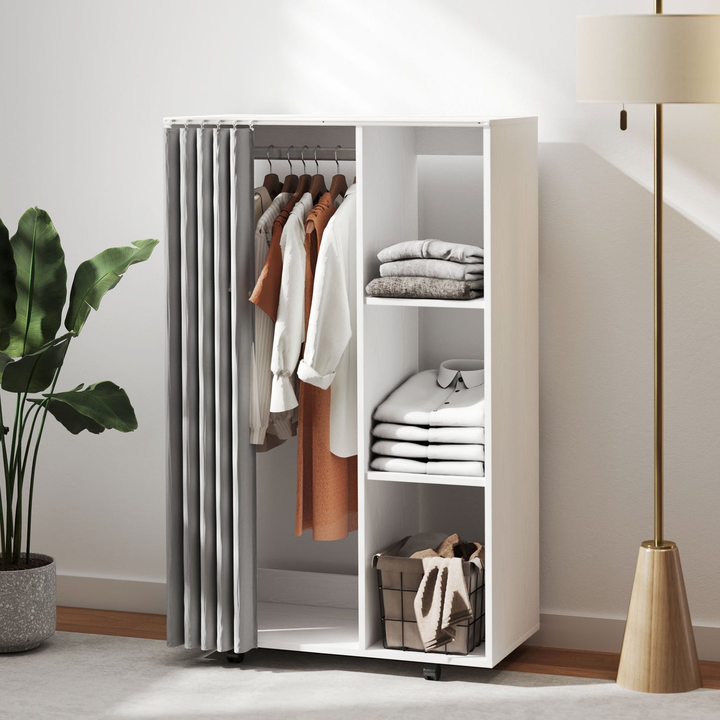 HOMCOM Wardrobe Closet Storage Furniture Mobile 6 Wheels with Clothes Rail And Open Shelves, Rolling Wardrobe Dressing Room for Bedroom, Dim. 80 X 40 X 128 Cm, White