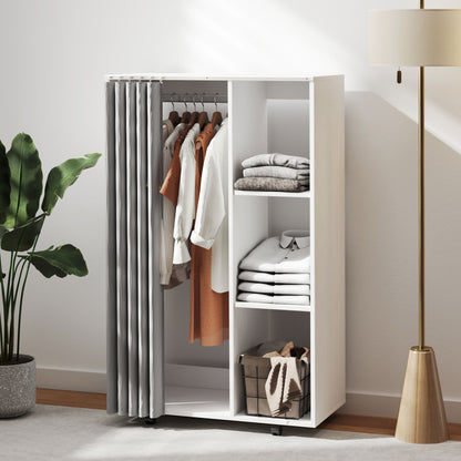 HOMCOM Wardrobe Closet Storage Furniture Mobile 6 Wheels with Clothes Rail And Open Shelves, Rolling Wardrobe Dressing Room for Bedroom, Dim. 80 X 40 X 128 Cm, White