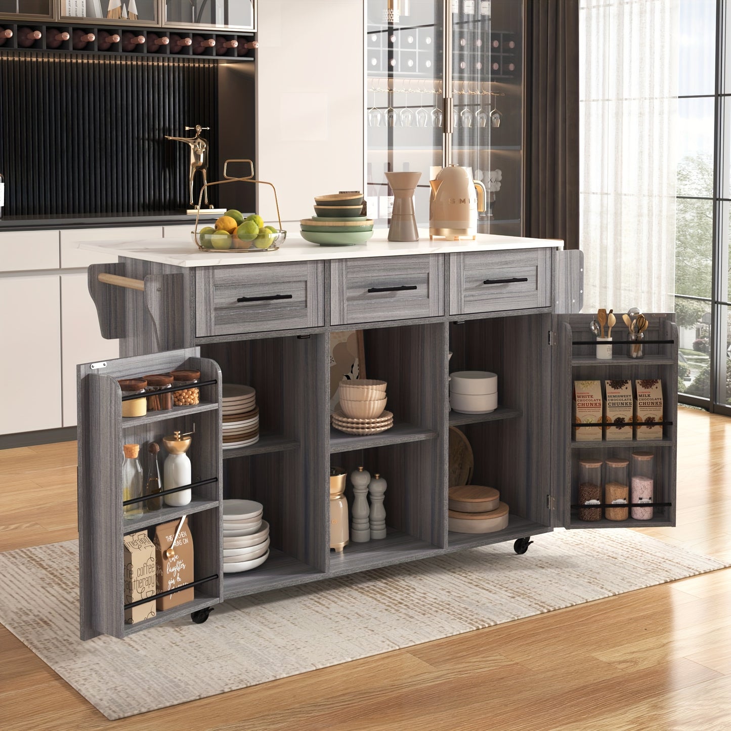 White Modern Foldable Mobile Serving Cart with Storage Doors & Lockable Tabletop - Heavy-Duty Expandable Sideboard on Casters, Non-Wood Cabinet /Dining Room, Space-Saving Furniture (139x46(71)x91.5cm) - Replaceable Feet