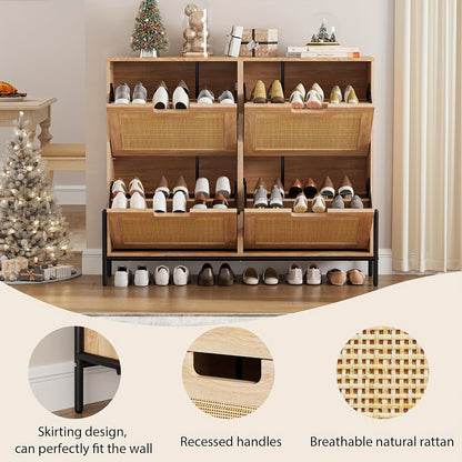 Schoenenkast – Schoenenrek – Schoenenopberger – Schoenenbank – Halkast – Smal Model – Rattan Materiaal – 8 Verstelbare Vakken – Compact 100x24x88 cm