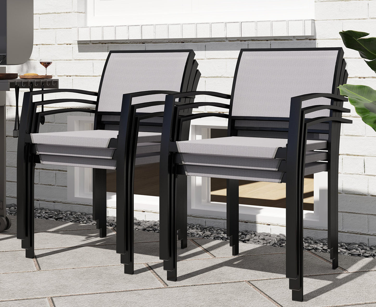 7-delige Tuinset – Buiten Eettafelset – Tuinmeubelset – Balkonset – Stapelbare Stoelen – Grijs – Kunststof Tafelblad Met Houtlook – Weerbestendig Stalen Frame