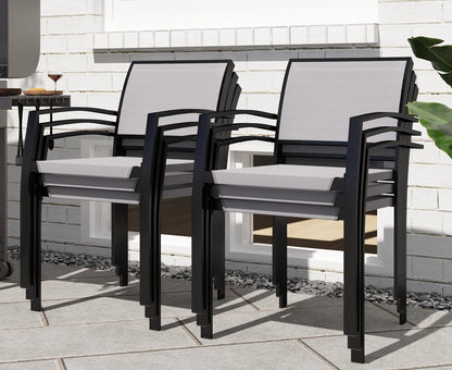 7-delige Tuinset – Buiten Eettafelset – Tuinmeubelset – Balkonset – Stapelbare Stoelen – Grijs – Kunststof Tafelblad Met Houtlook – Weerbestendig Stalen Frame
