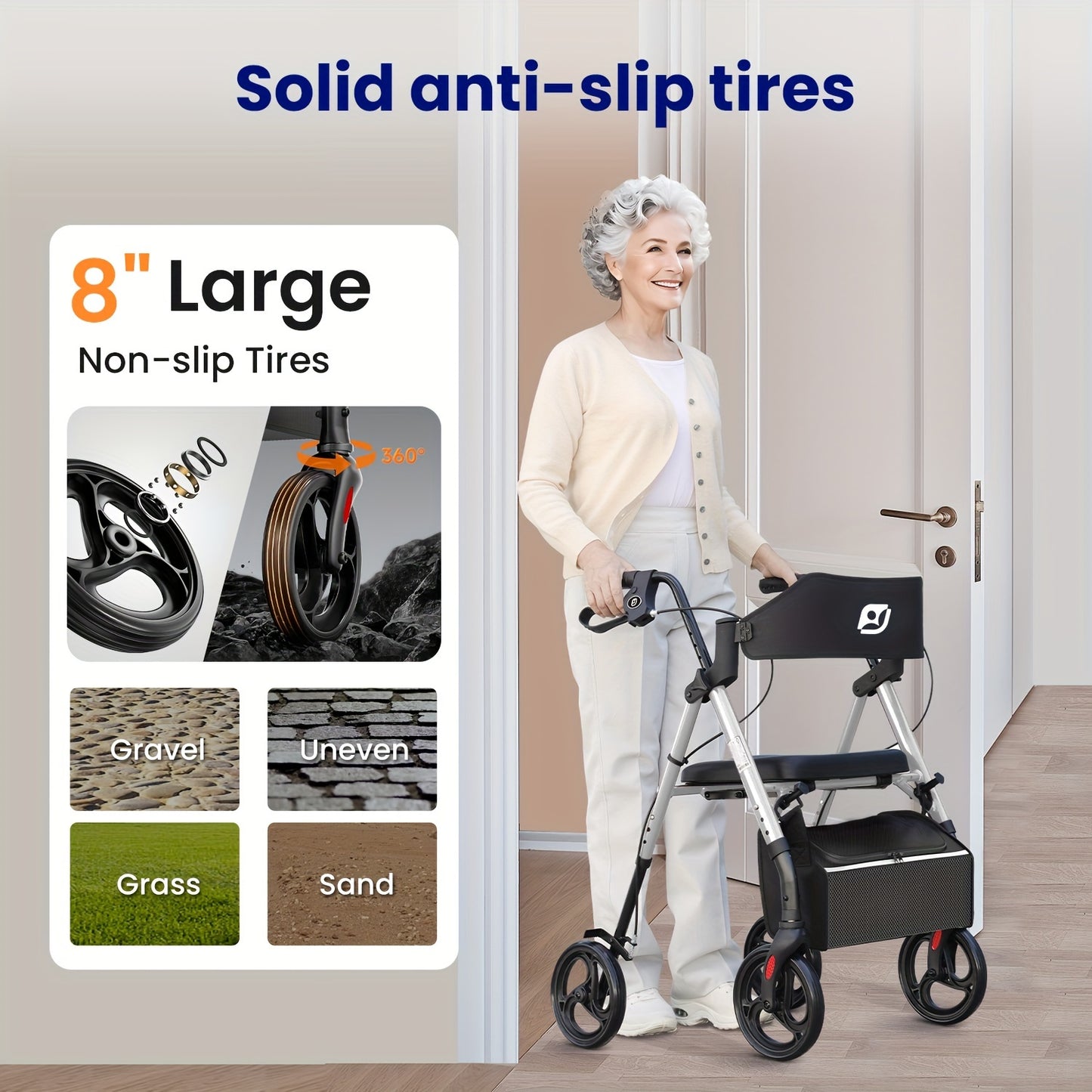 Rollator – Wandelwagen – Looprek – Mobiliteitshulpmiddel – Opvouwbare Rollator – Lichtgewicht Aluminium – Grote 20,32 cm Wielen – Ergonomisch Zitje & Verstelbare Handgrepen – Draagvermogen 136 kg