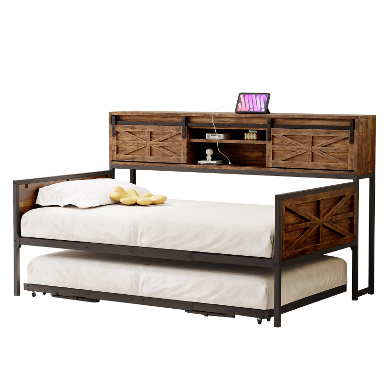 Slaapbank – Bedbank – Bankbed – Uitklapbank – 2-in-1 Sofa Bed – Zwart-Bruin – Met Opbergruimte Onder Zitting – Robuust Metaal-Hout Frame – Direct Gebruiksklaar Zonder Montage