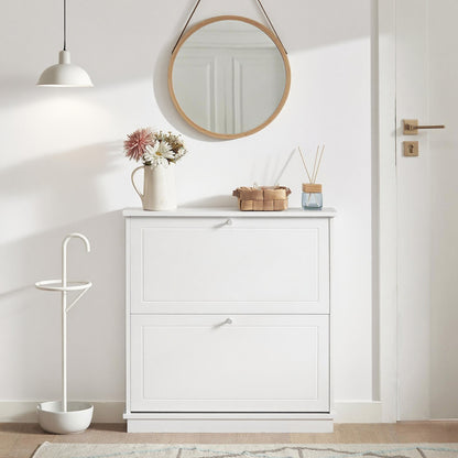 Schoenenkast – Schoenenrek – Schoenenopberger – Schoenenbank – Opbergkast – Slim Design – 2 Deuren & Verstelbare Planken – MDF Wit – Compact 76x18x78 cm