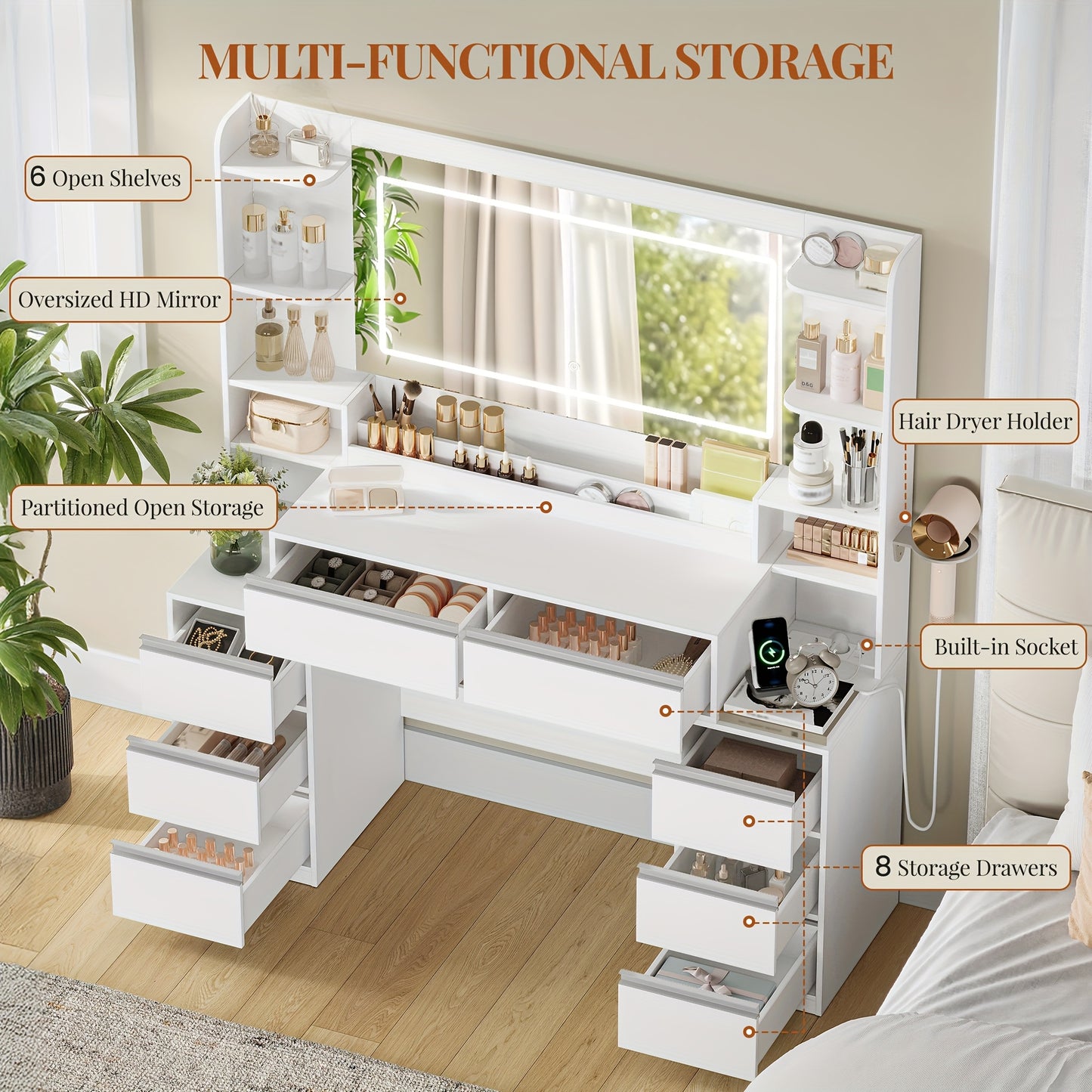 Kaptafel – Make-uptafel – Opmaaktafel – Schminktafel – Met Spiegel en Föhnhouder – 8 Lades & Open Vakken – 135x40x145 cm – Wit-Zilveren MDF