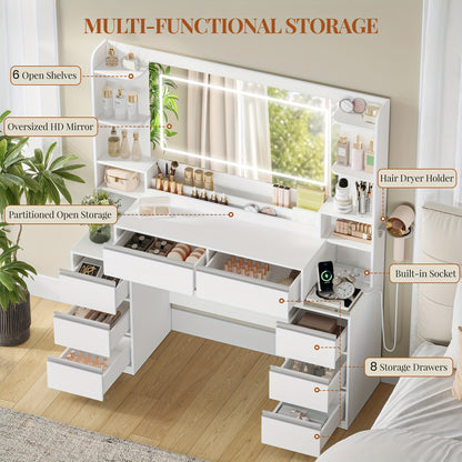 Kaptafel – Make-uptafel – Opmaaktafel – Schminktafel – Met Spiegel en Föhnhouder – 8 Lades & Open Vakken – 135x40x145 cm – Wit-Zilveren MDF