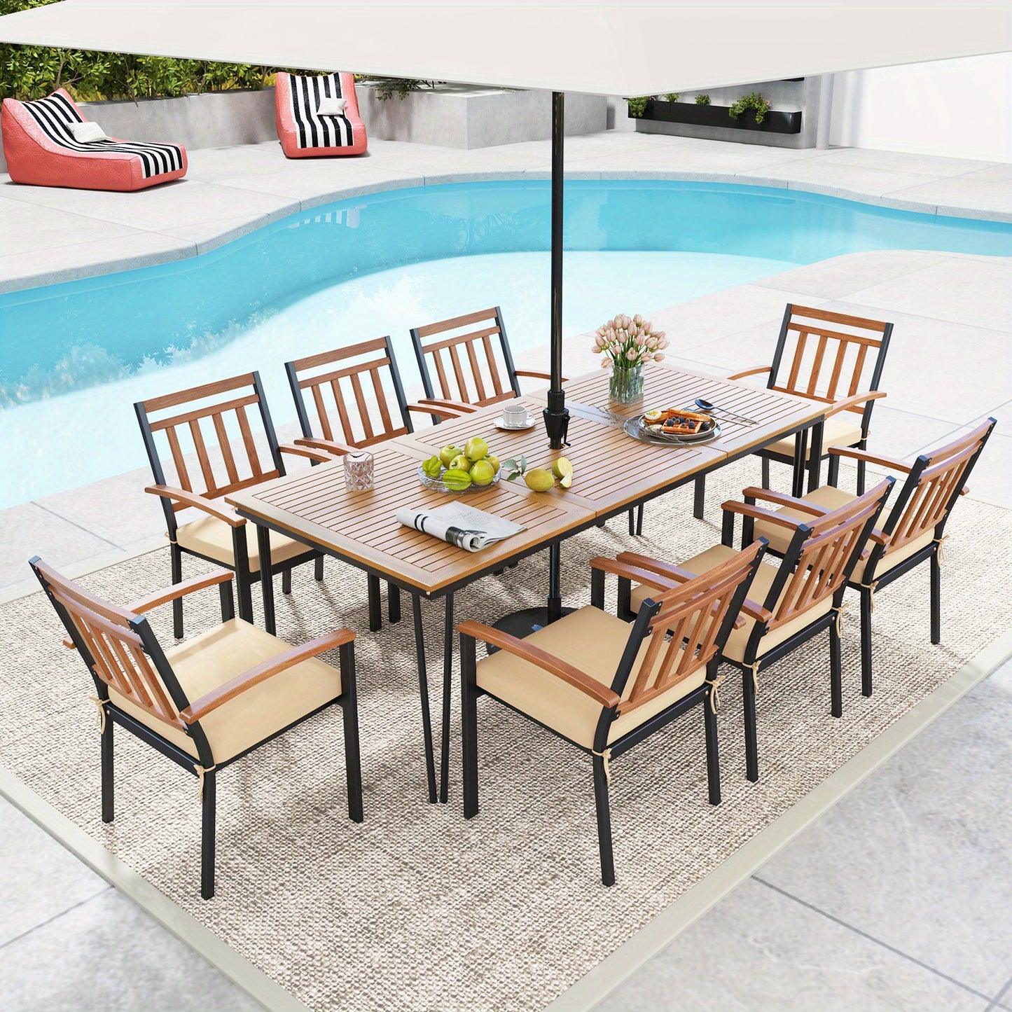 Tuinset – Tuinmeubel – Diningset – Bistroset – Loungeset – 8-Persoons Rechthoekige Tuintafel – Acaciahouten Tafelblad – Robuust Metalen Onderstel – Inclusief Parasolgat – Weerbestendig & Duurzaam