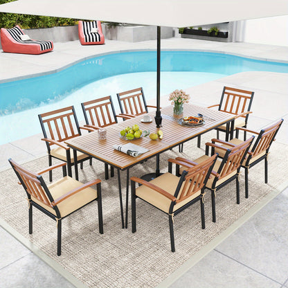 Tuinset – Tuinmeubel – Diningset – Bistroset – Loungeset – 8-Persoons Rechthoekige Tuintafel – Acaciahouten Tafelblad – Robuust Metalen Onderstel – Inclusief Parasolgat – Weerbestendig & Duurzaam