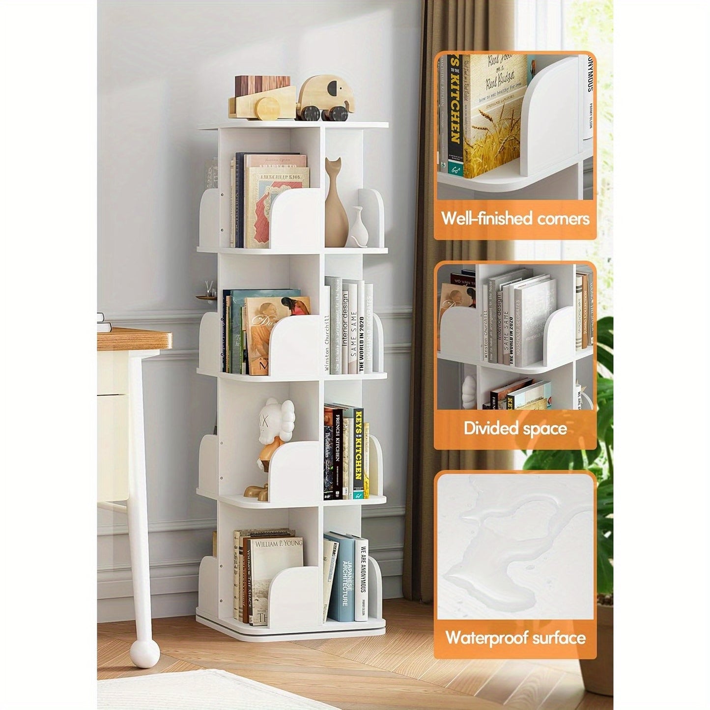 Boekenrek – Boekenkast – Boekenplank – Wandrek – Hoekboekenkast – Draaibaar 360° – 4 Planken – Wit 40x40x128,5 cm