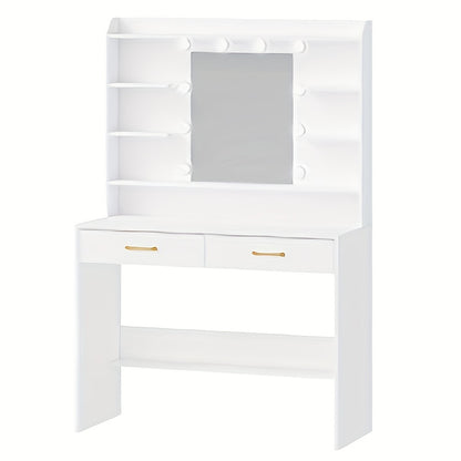 Make-uptafel – Kaptafel – Schminktisch – Visagiekast – Make-up Bureau – Wit Met Gouden Accenten – Verstelbare Verlichting – 100x40x149 cm