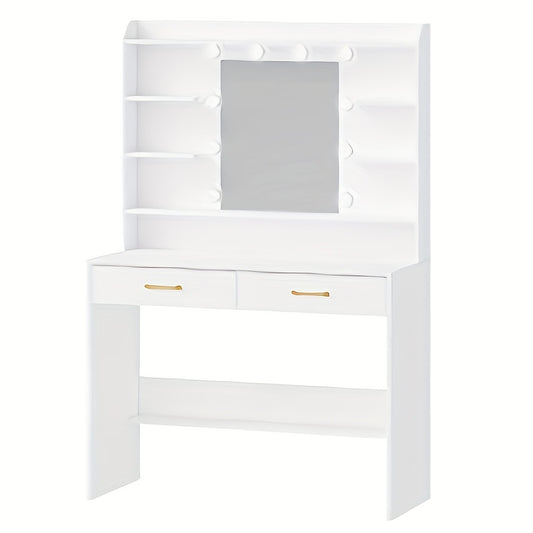 Make-uptafel – Schminktisch – Kaptafel – Vanity Table – Make-up Bureau – Wit Met Gouden Accenten – Verstelbare Verlichting – Ruime Opbergruimte Met 6 Vakken En 2 Laden