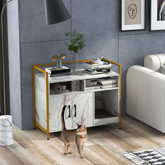 Kattenbak – Kattenbak Huis – Kattenbak Met Deurtje – Kattenbak Opbergvak – Indoor Kattenbak – Groot Formaat 89x45x74,5 cm – Dubbellaagse Deuren & Grote Uitneembare Tray