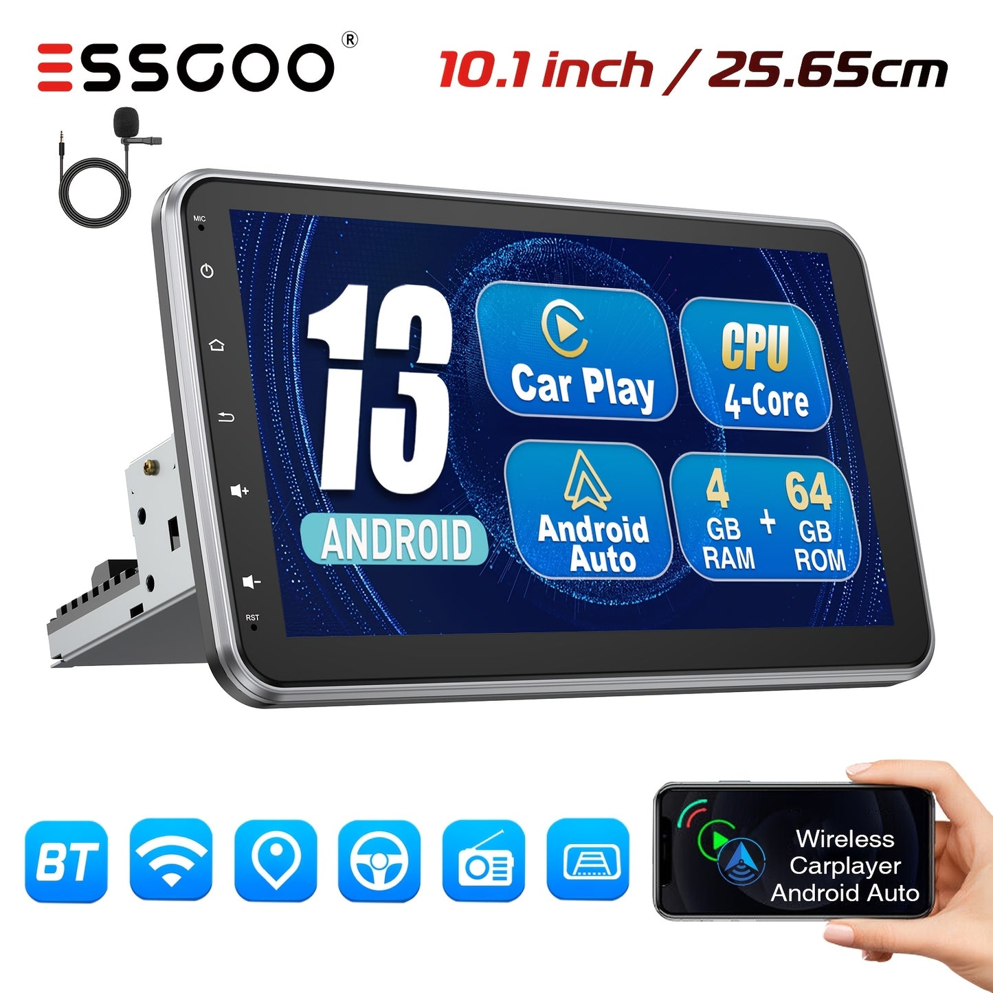 Autoradio – Auto Stereo – Multimedia Speler – Single DIN Radio – Autoinfotainment – Met Microfoon – 10,1 Inch Draaibaar Touchscreen – Android 13 Systeem