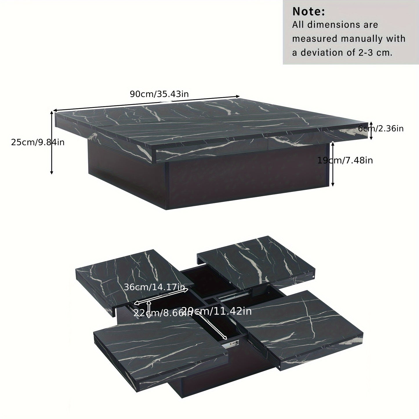 Modern Black Square Coffee Table, Marble Look, 90 X 90 X 25 Cm - Four Drawers, Sliding Tabletop, Load Capacity Up To 30 Kg